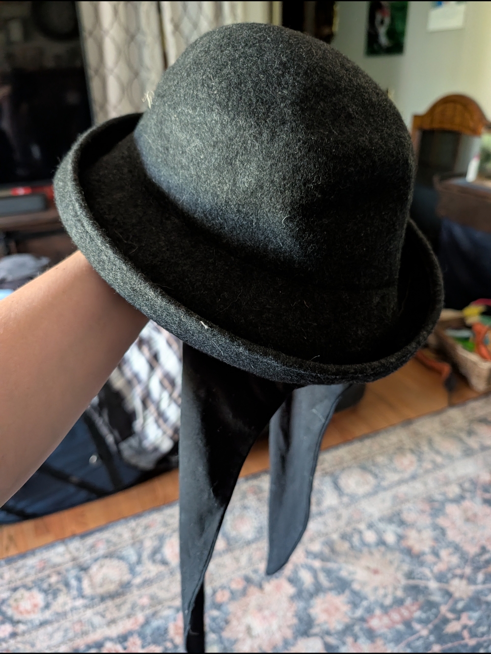Women's Dark Gray Wool Bowler Hat with Black Tie